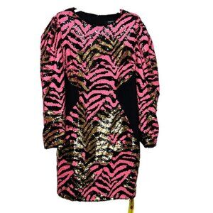 Simply Be NWT Bodycon Zebra Sequin Pink Black Gold Long Sleeve Mini Dress Sz 12